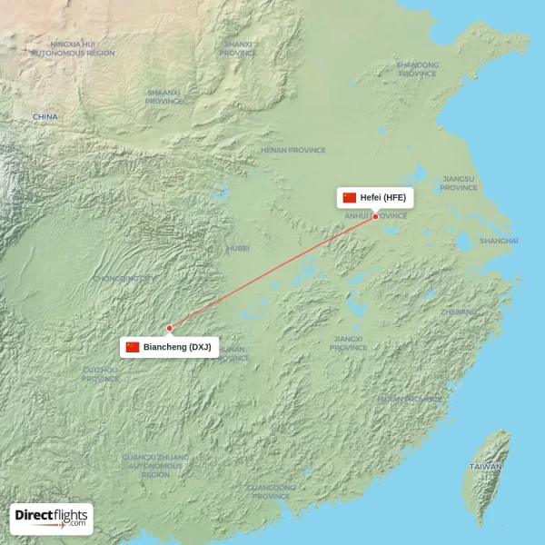 Hefei - Biancheng direct flight map