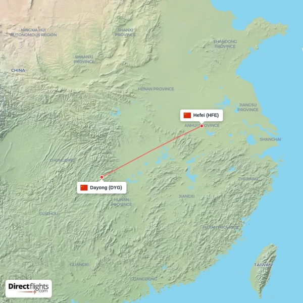 Hefei - Dayong direct flight map