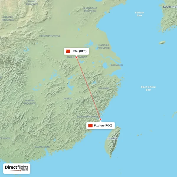 Hefei - Fuzhou direct flight map