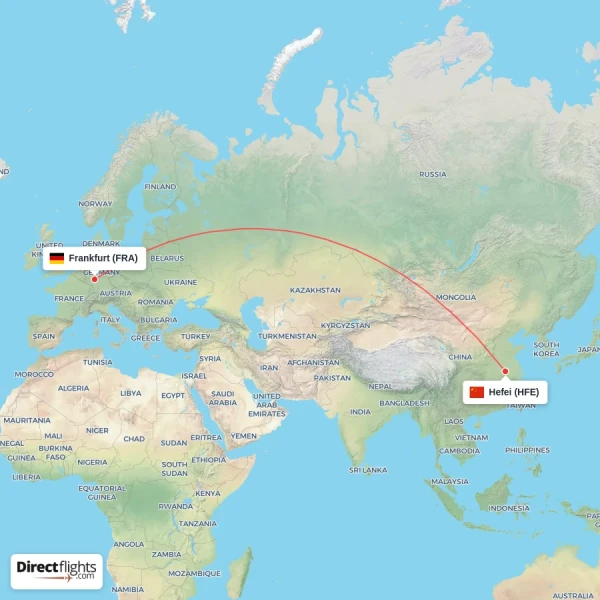 Hefei - Frankfurt direct flight map