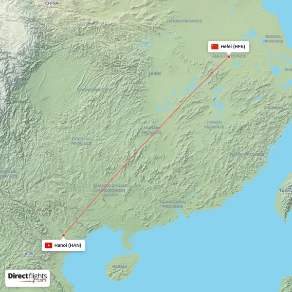 Hefei - Hanoi direct flight map