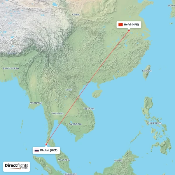 Hefei - Phuket direct flight map