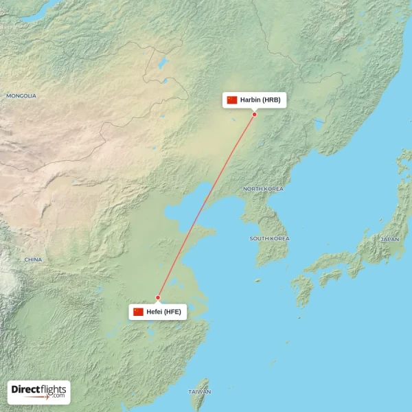 Hefei - Harbin direct flight map