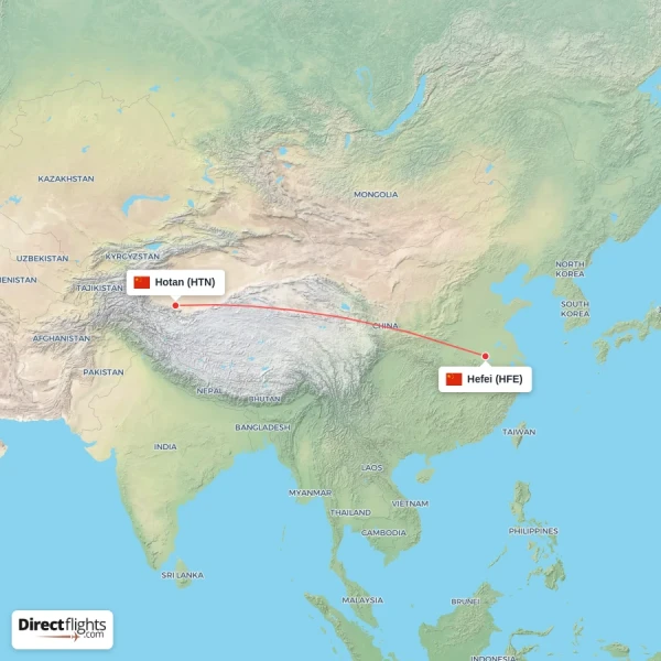 Hefei - Hotan direct flight map