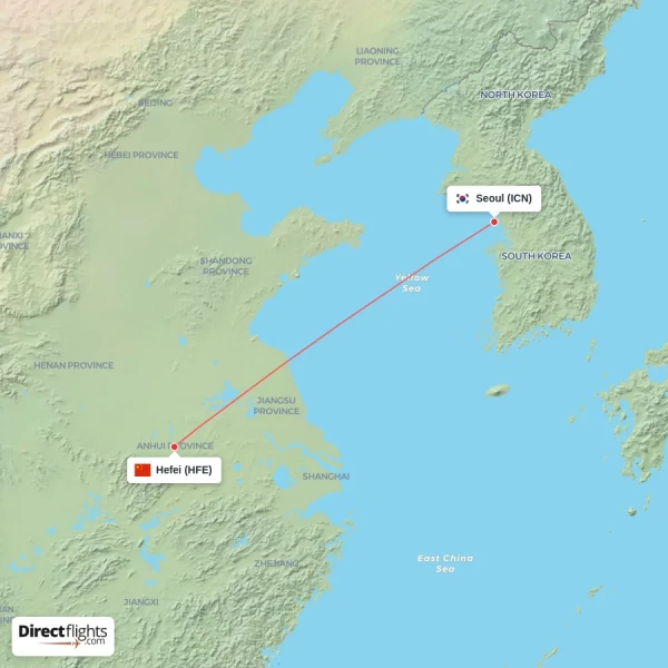 Hefei - Seoul direct flight map