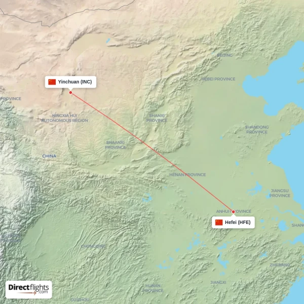 Hefei - Yinchuan direct flight map