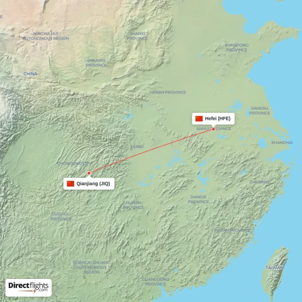 Hefei - Qianjiang direct flight map