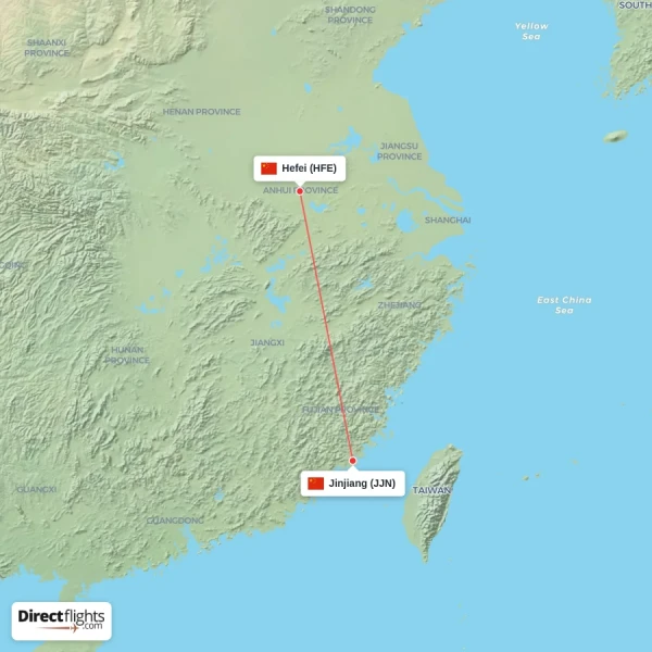 Hefei - Jinjiang direct flight map