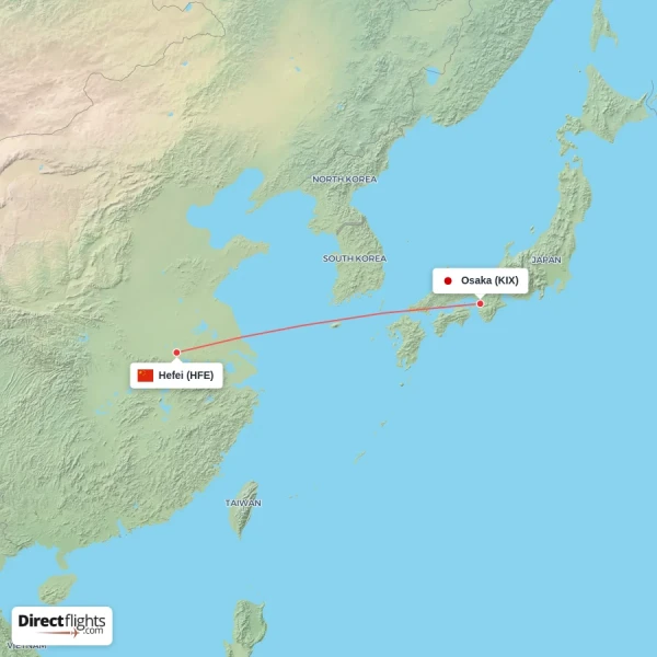 Hefei - Osaka direct flight map