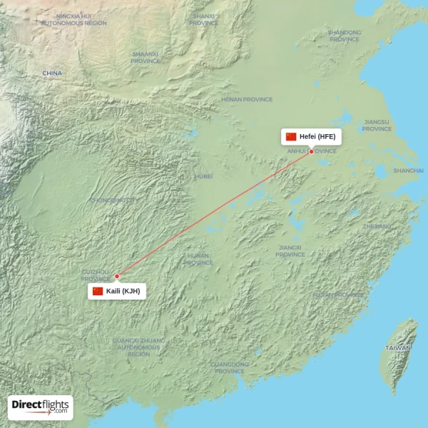 Hefei - Kaili direct flight map