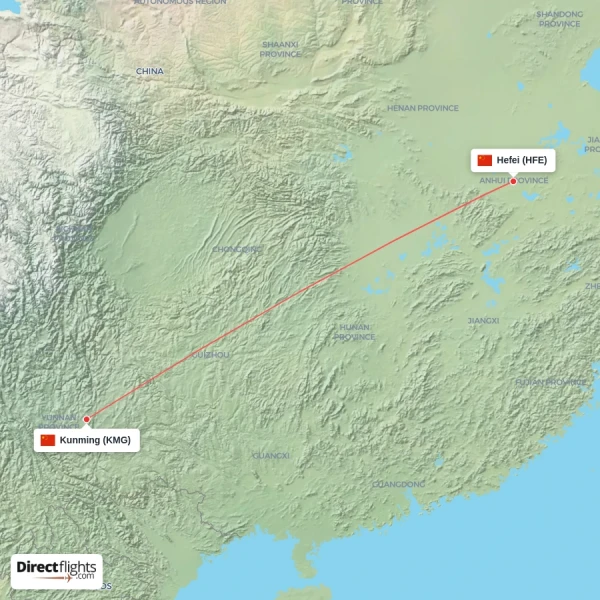 Hefei - Kunming direct flight map