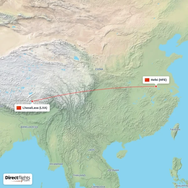 Hefei - Lhasa/Lasa direct flight map