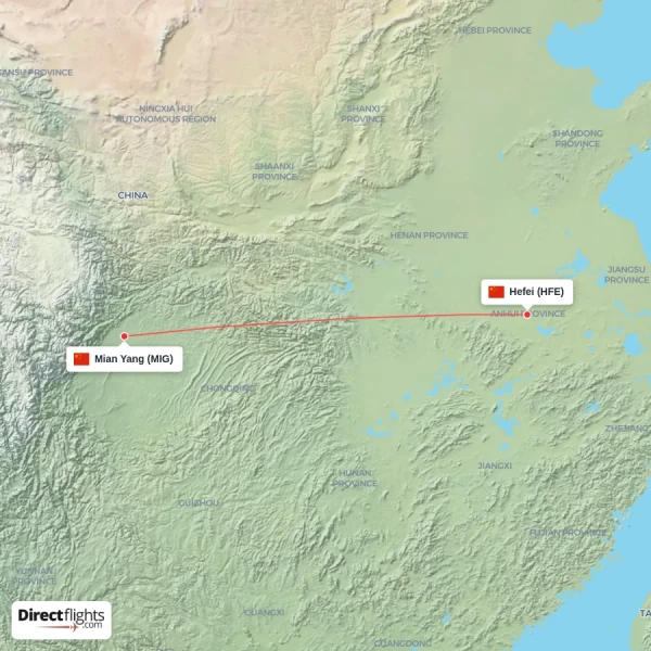 Hefei - Mian Yang direct flight map