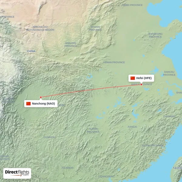 Hefei - Nanchong direct flight map