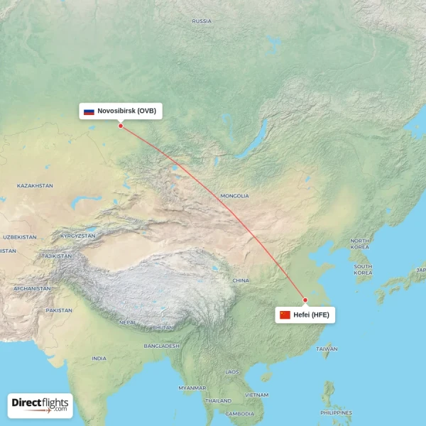 Hefei - Novosibirsk direct flight map