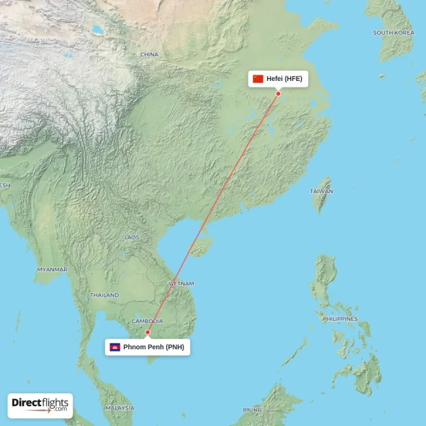 Hefei - Phnom Penh direct flight map