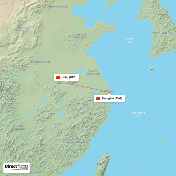 Hefei - Shanghai direct flight map