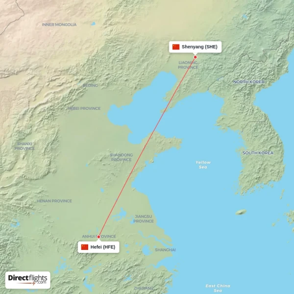 Hefei - Shenyang direct flight map