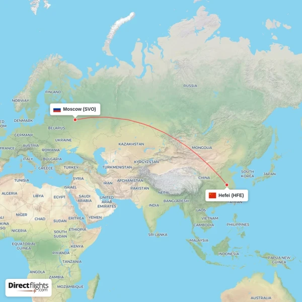 Hefei - Moscow direct flight map