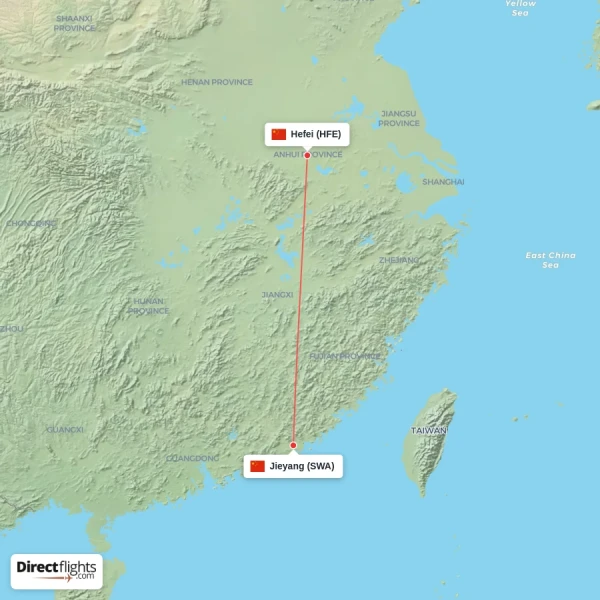 Hefei - Jieyang direct flight map
