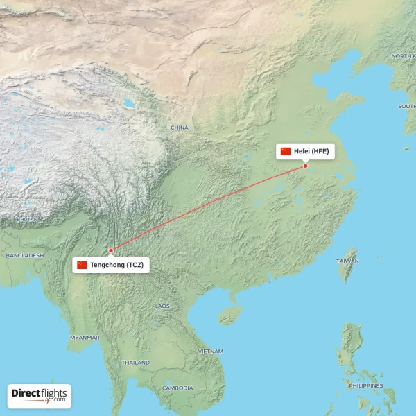 Hefei - Tengchong direct flight map