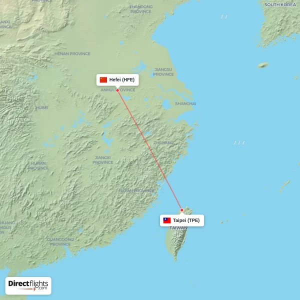 Hefei - Taipei direct flight map