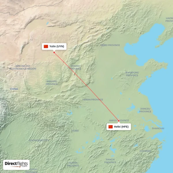 Hefei - Yulin direct flight map