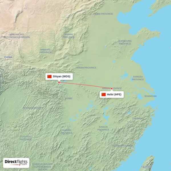 Hefei - Shiyan direct flight map