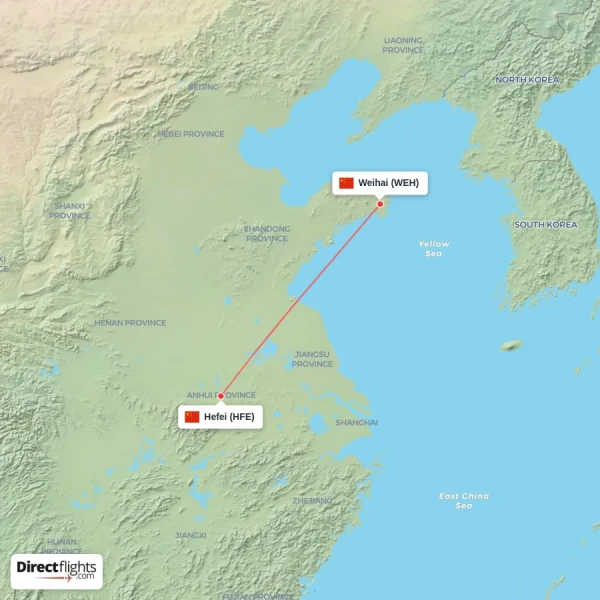 Hefei - Weihai direct flight map