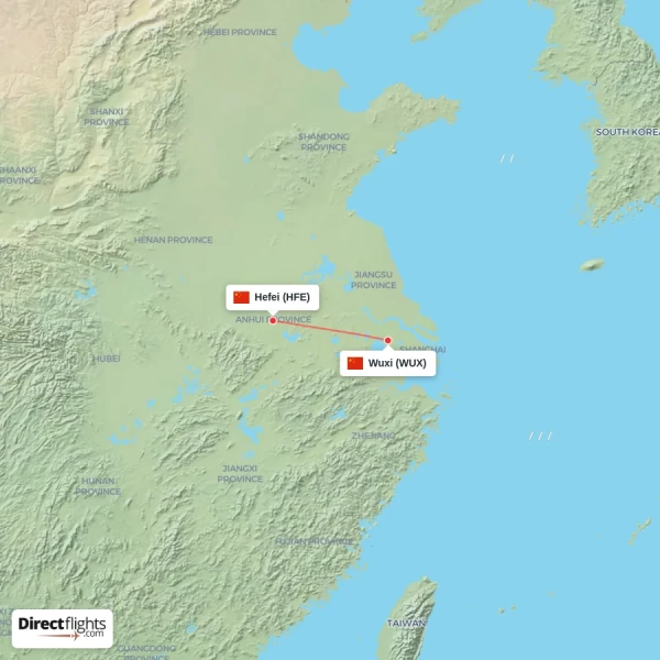 Hefei - Wuxi direct flight map