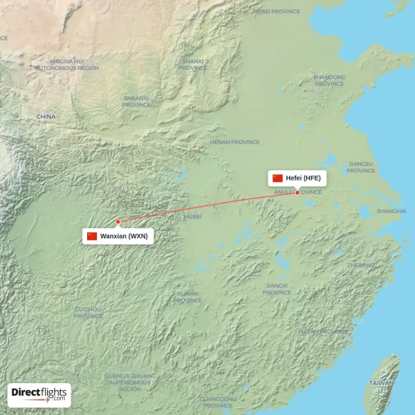 Hefei - Wanxian direct flight map