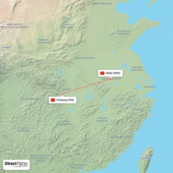 Hefei - Yichang direct flight map