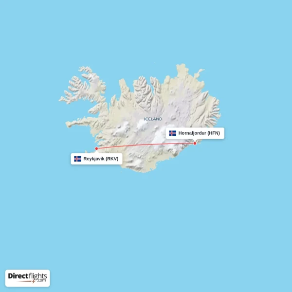 Hornafjordur - Reykjavik direct flight map