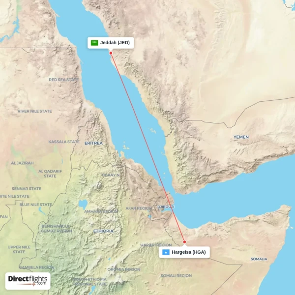 Hargeisa - Jeddah direct flight map