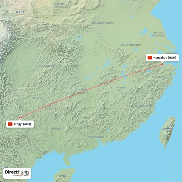 Hangzhou - Xingyi direct flight map