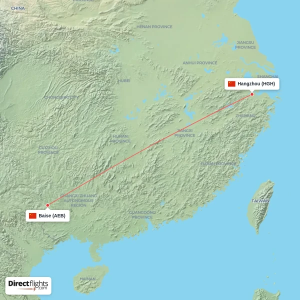 Hangzhou - Baise direct flight map