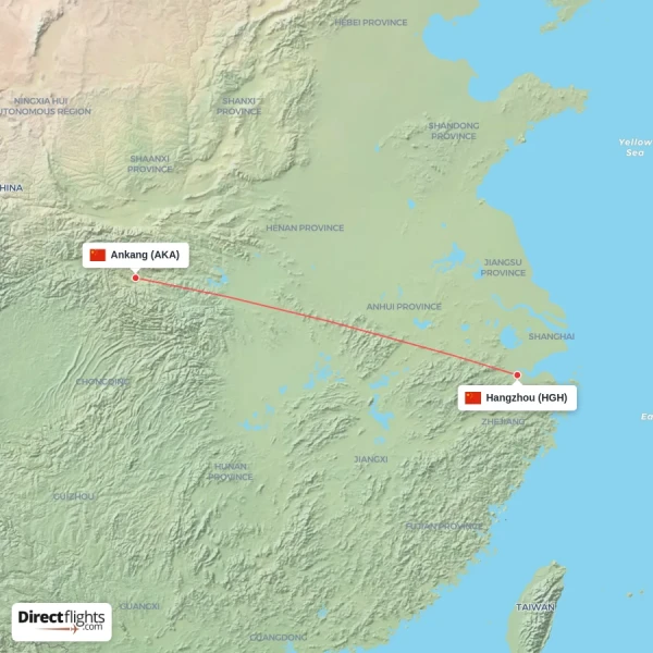 Hangzhou - Ankang direct flight map