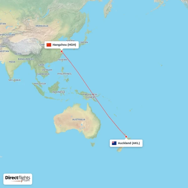 Hangzhou - Auckland direct flight map