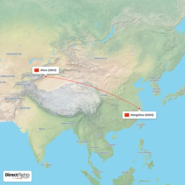 Hangzhou - Aksu direct flight map