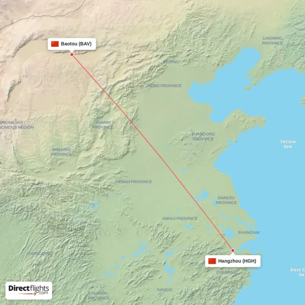 Hangzhou - Baotou direct flight map