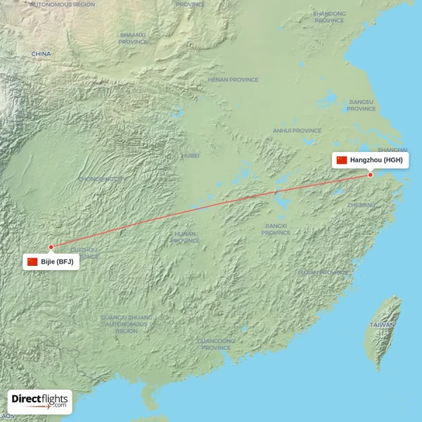 Hangzhou - Bijie direct flight map