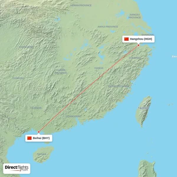 Hangzhou - Beihai direct flight map
