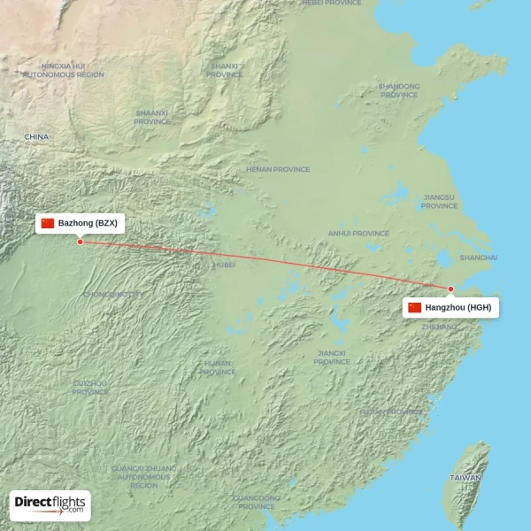 Hangzhou - Bazhong direct flight map
