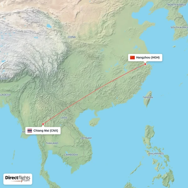 Hangzhou - Chiang Mai direct flight map