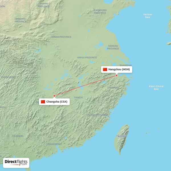 Hangzhou - Changsha direct flight map