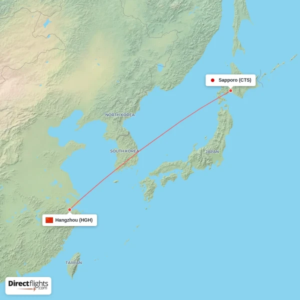 Hangzhou - Sapporo direct flight map