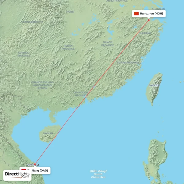 Hangzhou - Da Nang direct flight map