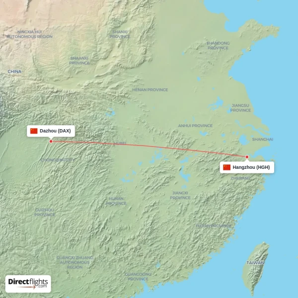 Hangzhou - Dazhou direct flight map