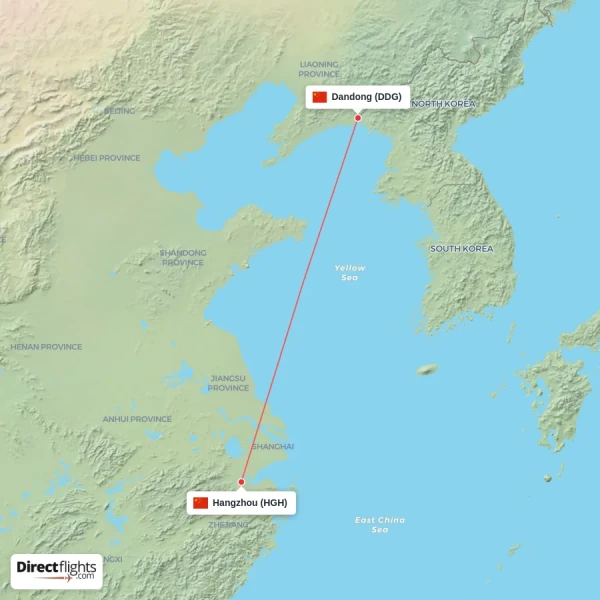 Hangzhou - Dandong direct flight map