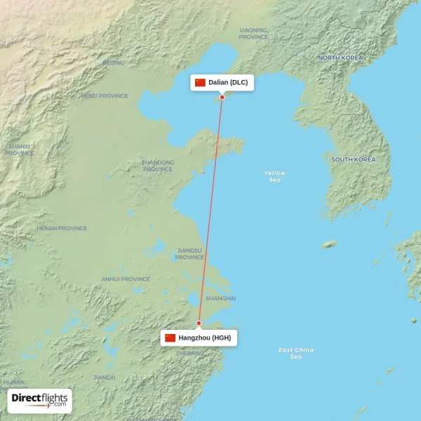 Hangzhou - Dalian direct flight map